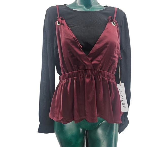 Lumiere Tops - NEW Lumiere Long Sleeve Top w/ Satin Burgundy Peplum Overlay Blouse Top M 3344